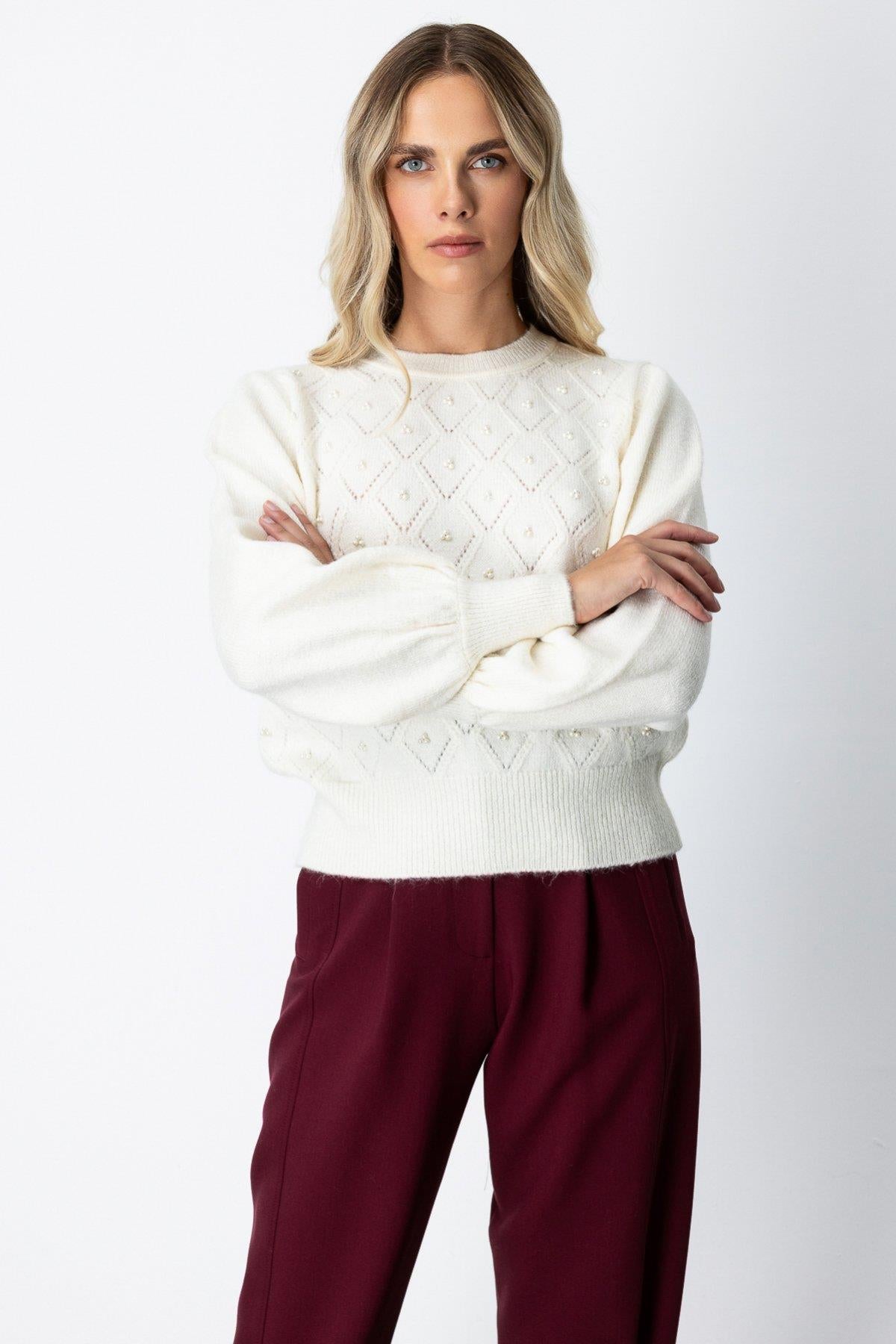 Diamond Patterned Pearl Glitter Detailed Sweater