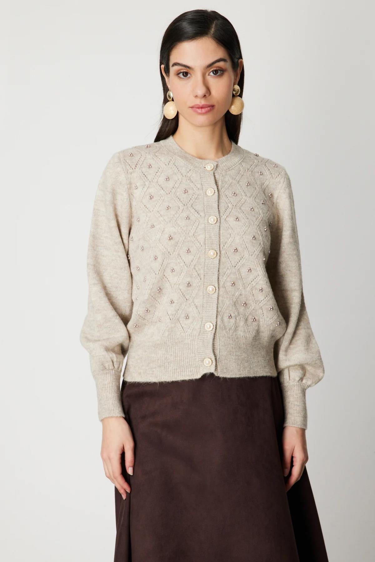 İnci Düğmeli Triko Hırka