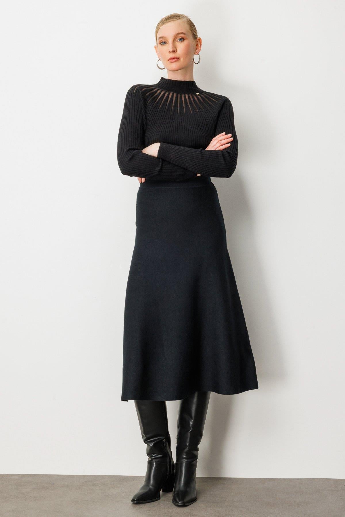 High Waist Flounced Midi Length Knit Skirt