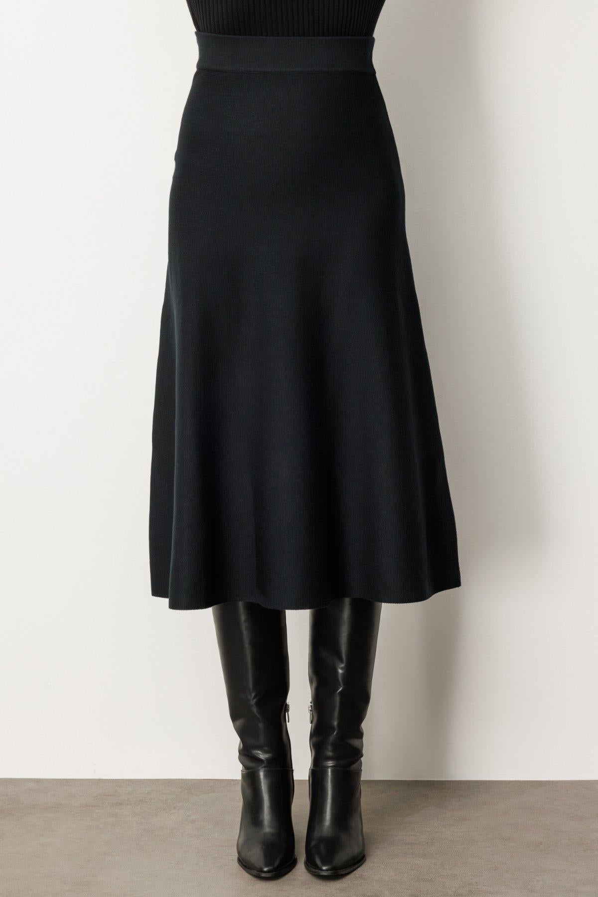 High Waist Flounced Midi Length Knit Skirt