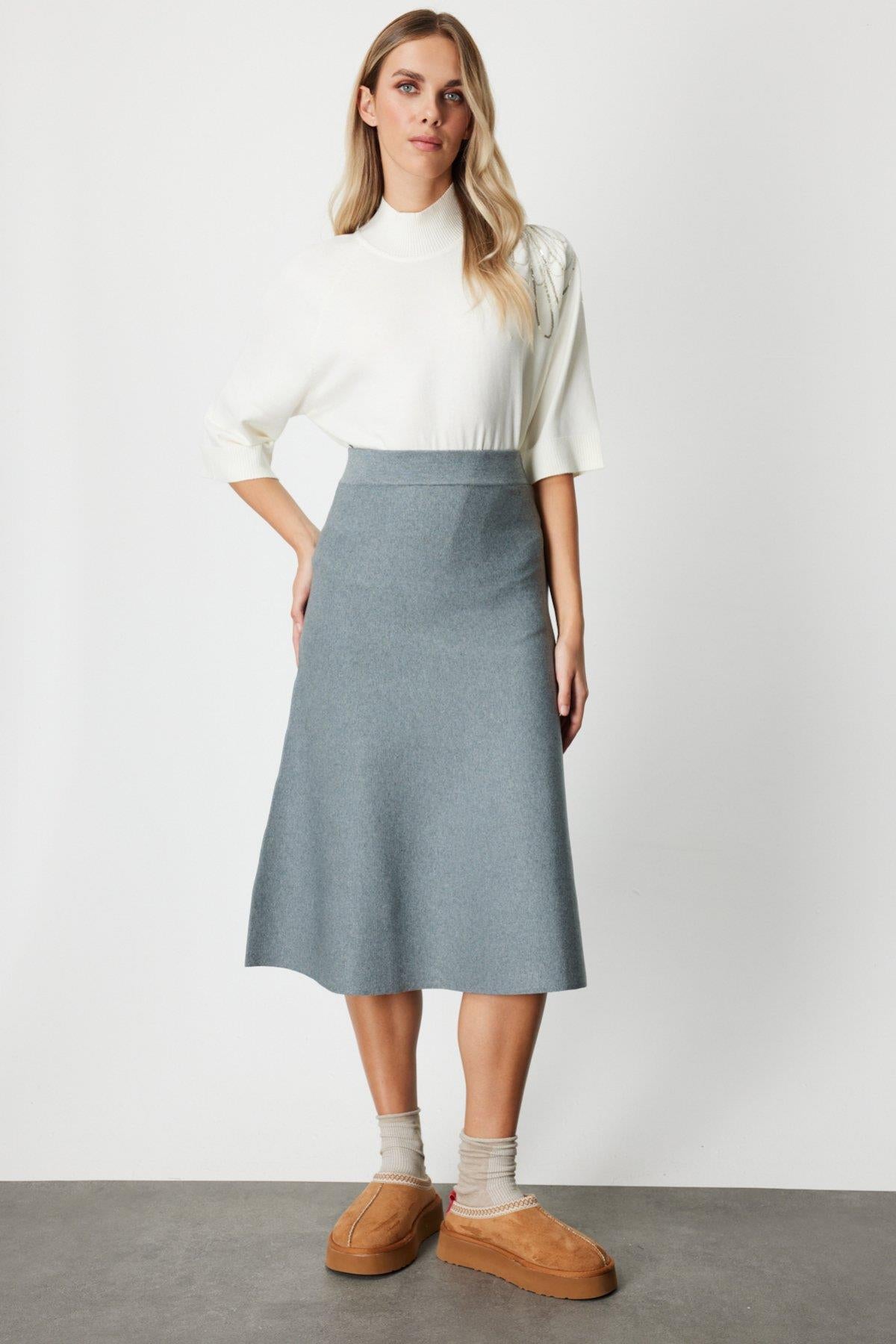 High Waist Flounced Midi Length Knit Skirt