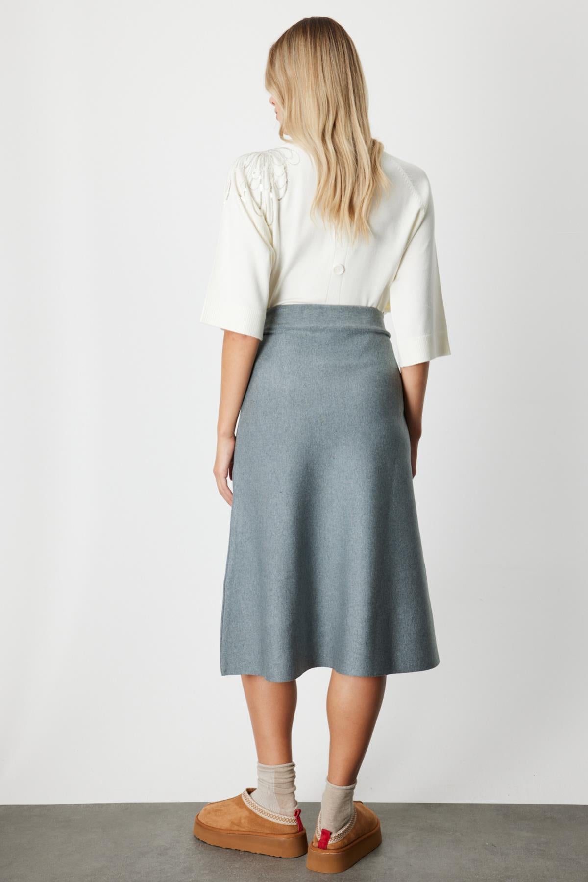 High Waist Flounced Midi Length Knit Skirt