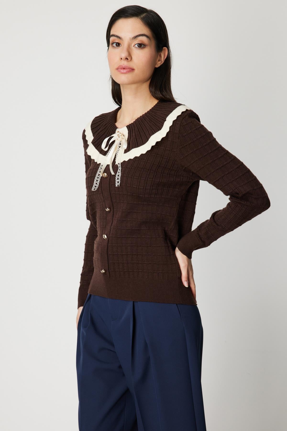 Yakası Aksesuarlı Düğmeli Triko Kazak