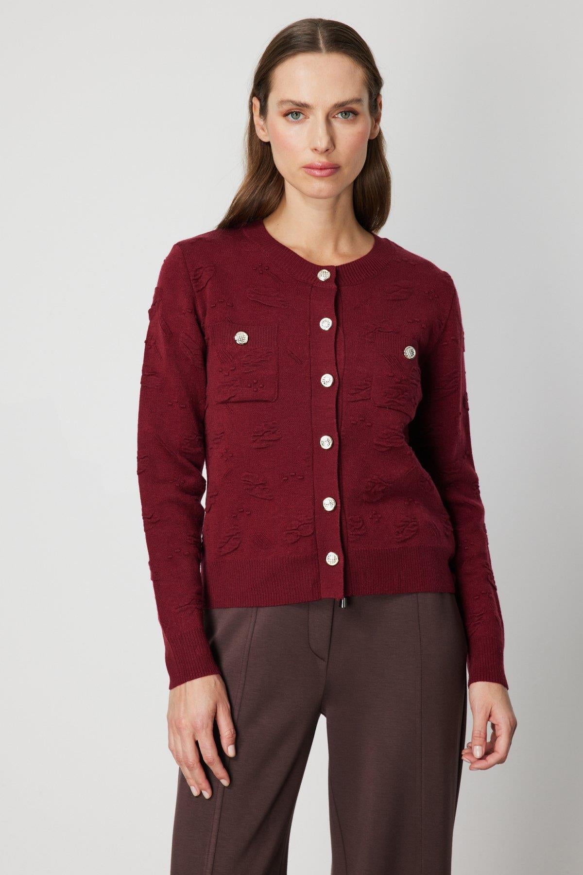 Triko Kabartma Desenli Sıfır Yaka Hırka