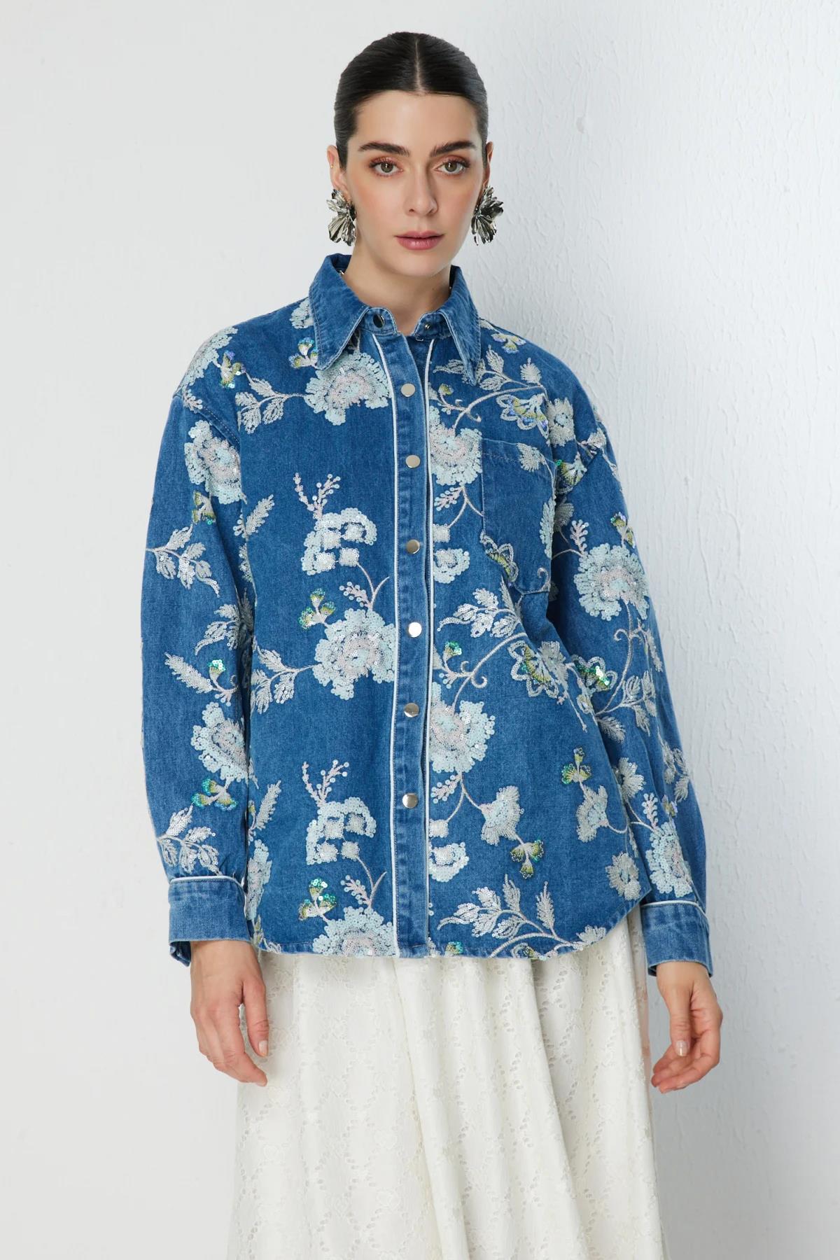 Sequin Floral Embroidered Denim Shirt