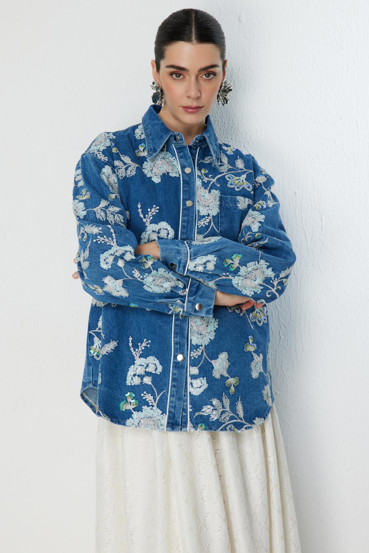 Sequin Floral Embroidered Denim Shirt