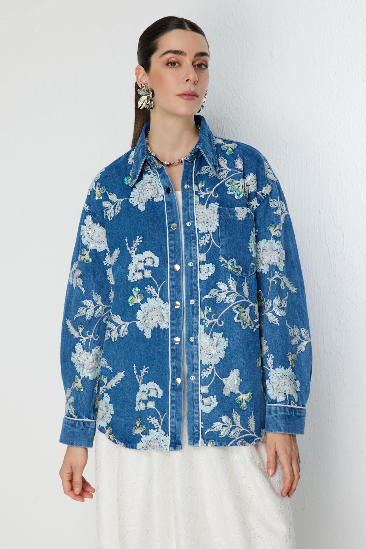 Sequin Floral Embroidered Denim Shirt