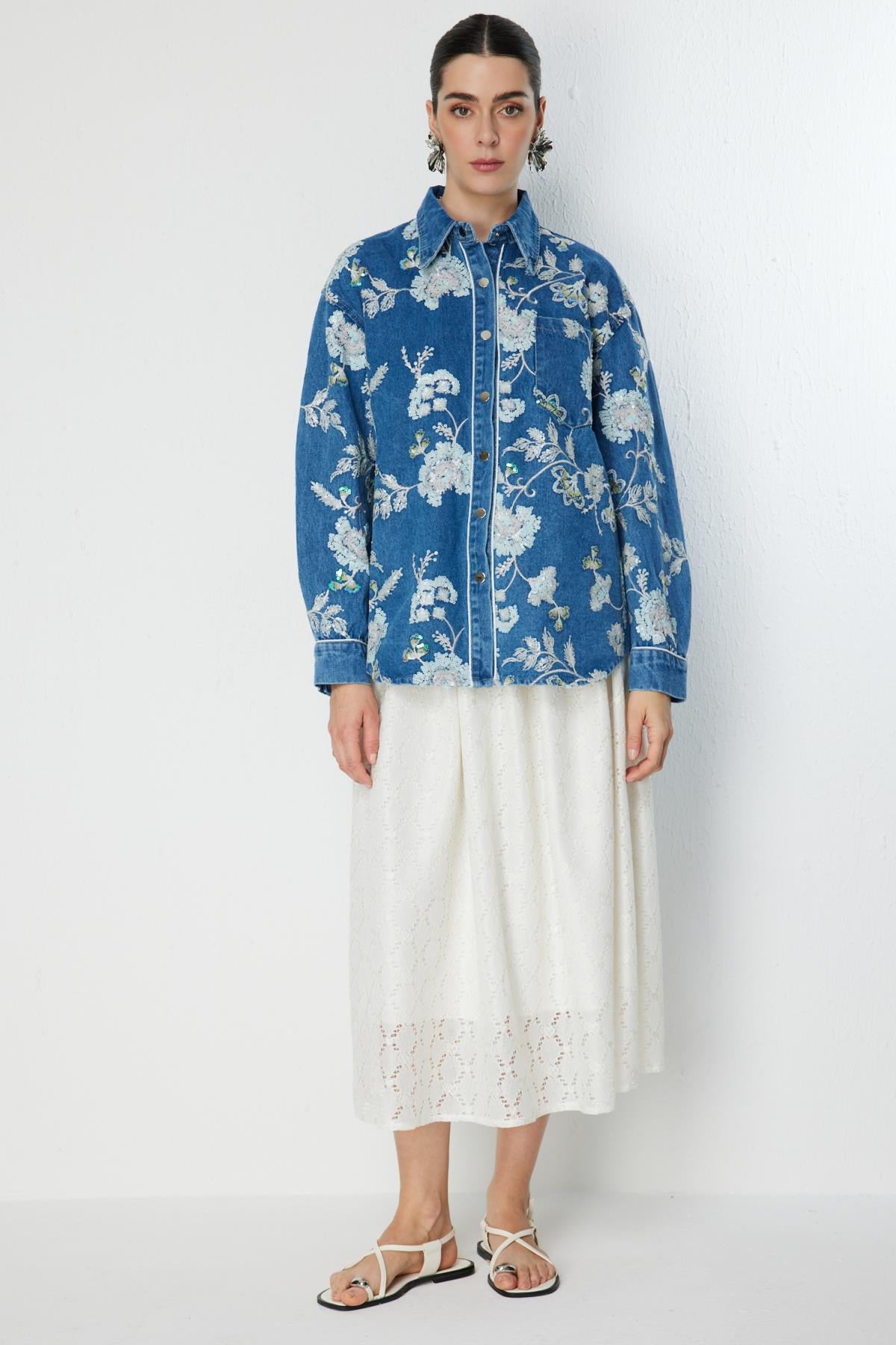 Sequin Floral Embroidered Denim Shirt