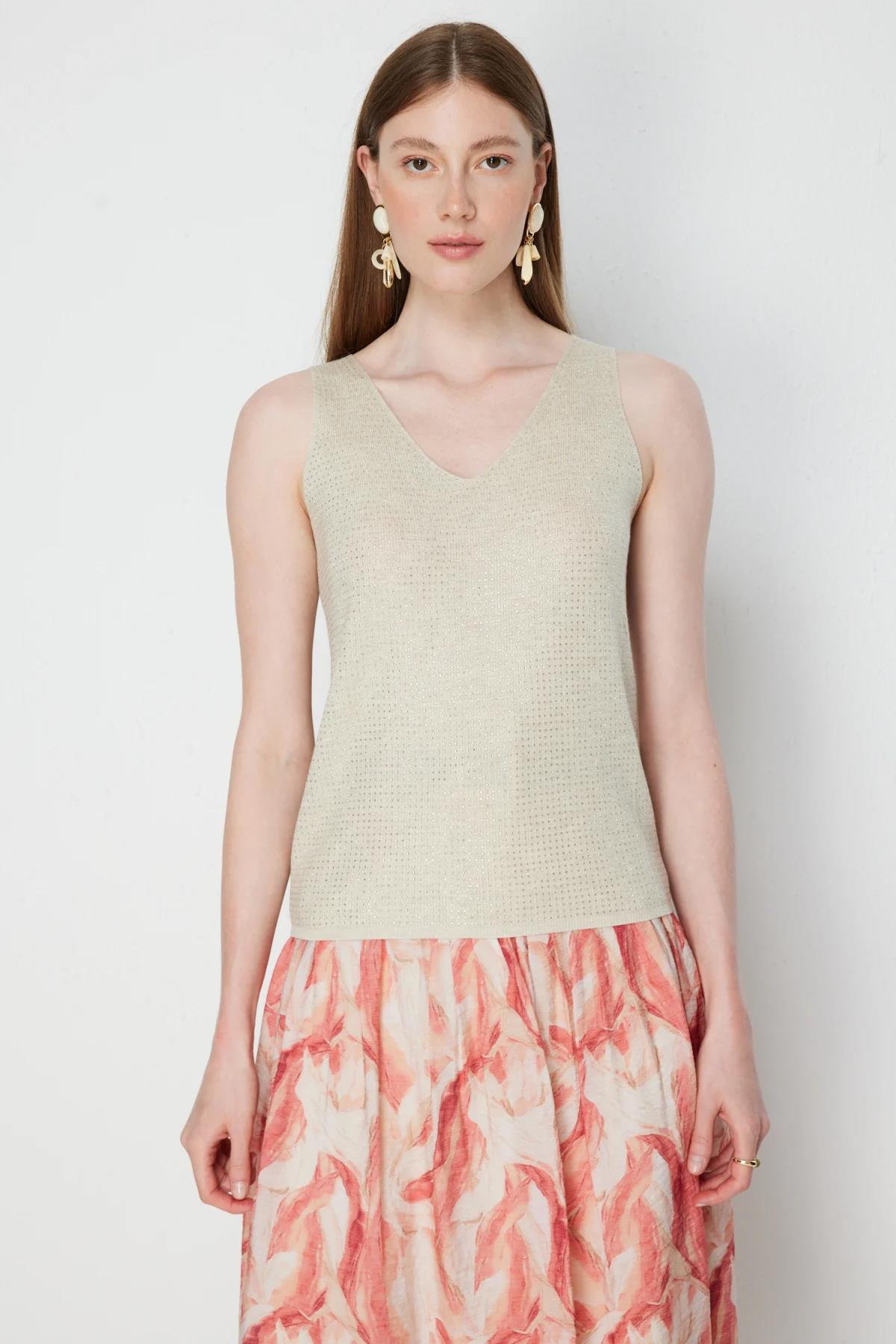 V-Neck Embellished Sleeveless Blouse