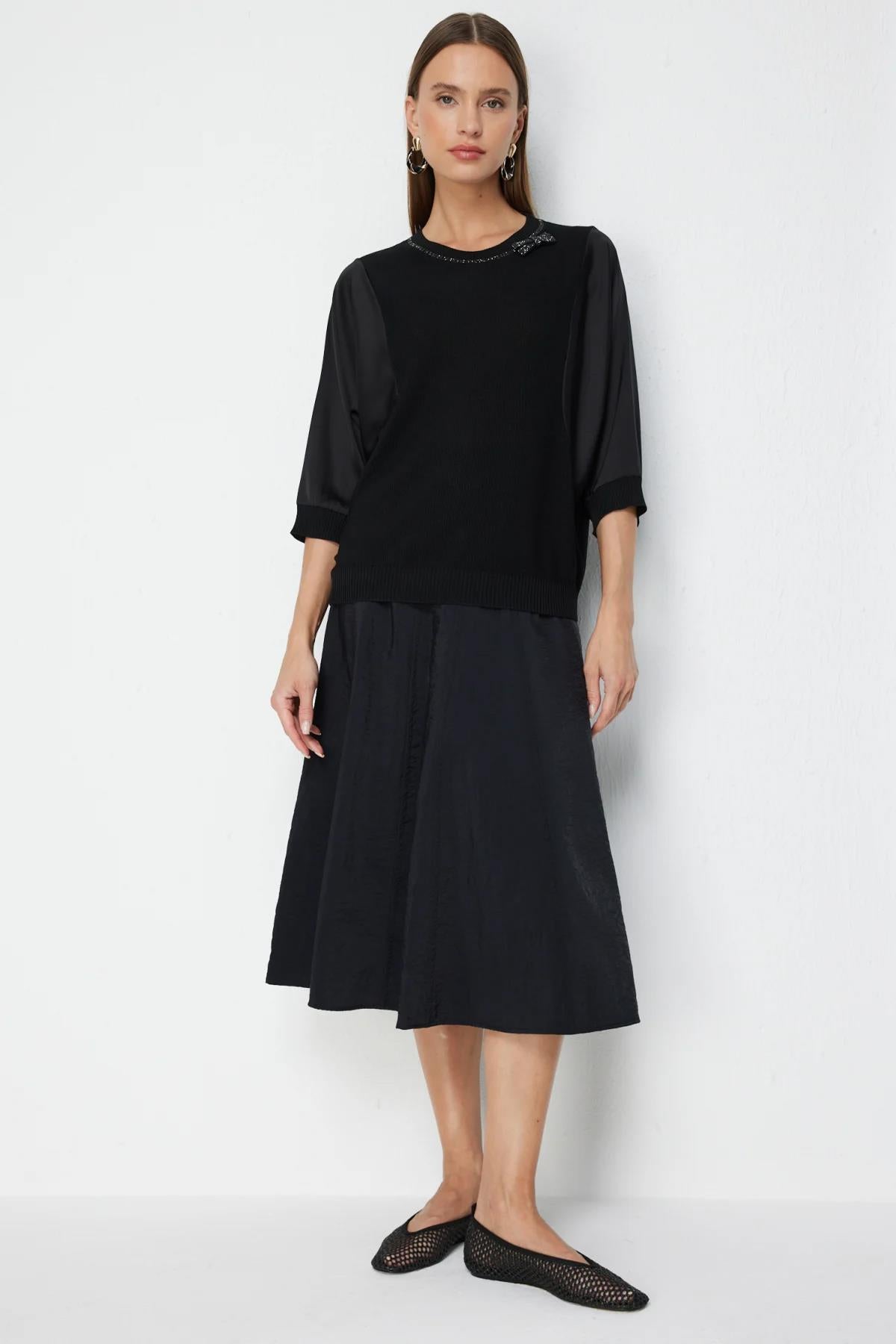 トップス deres 16th bottle neck drape blouse On Triko Blouse with Collar Bow Detail and Drop Shoulders - Eser Giyim