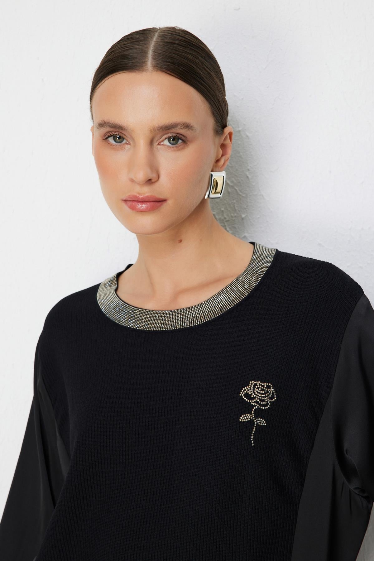Crew Neck Blouse with Stone Embellishment