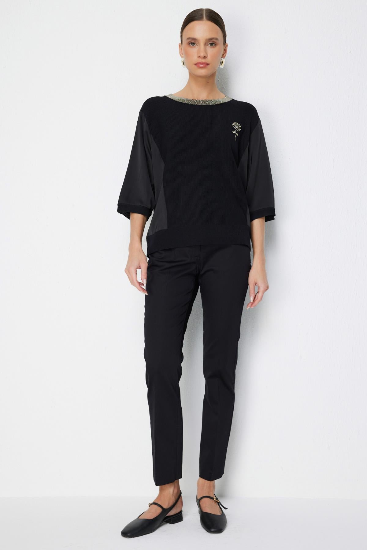 Crew Neck Blouse with Stone Embellishment