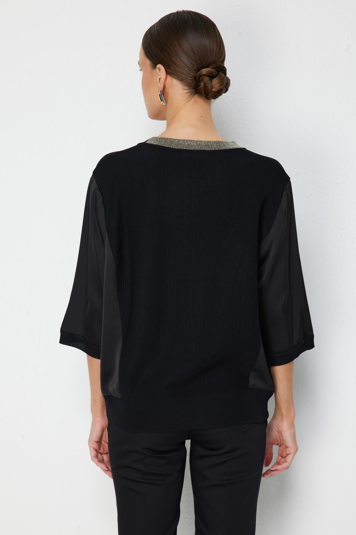 Crew Neck Blouse with Stone Embellishment