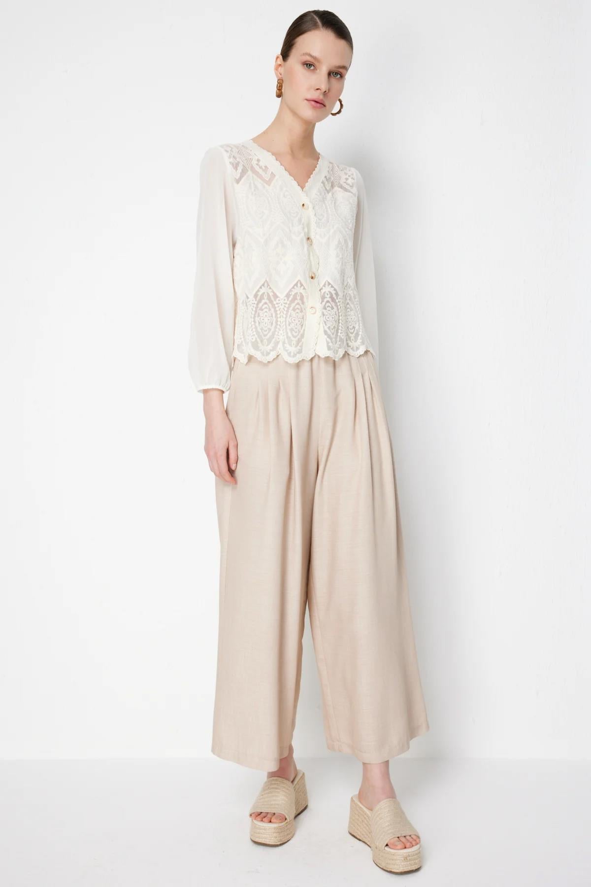 Cotton Cardigan with Tulle Lace Sleeves