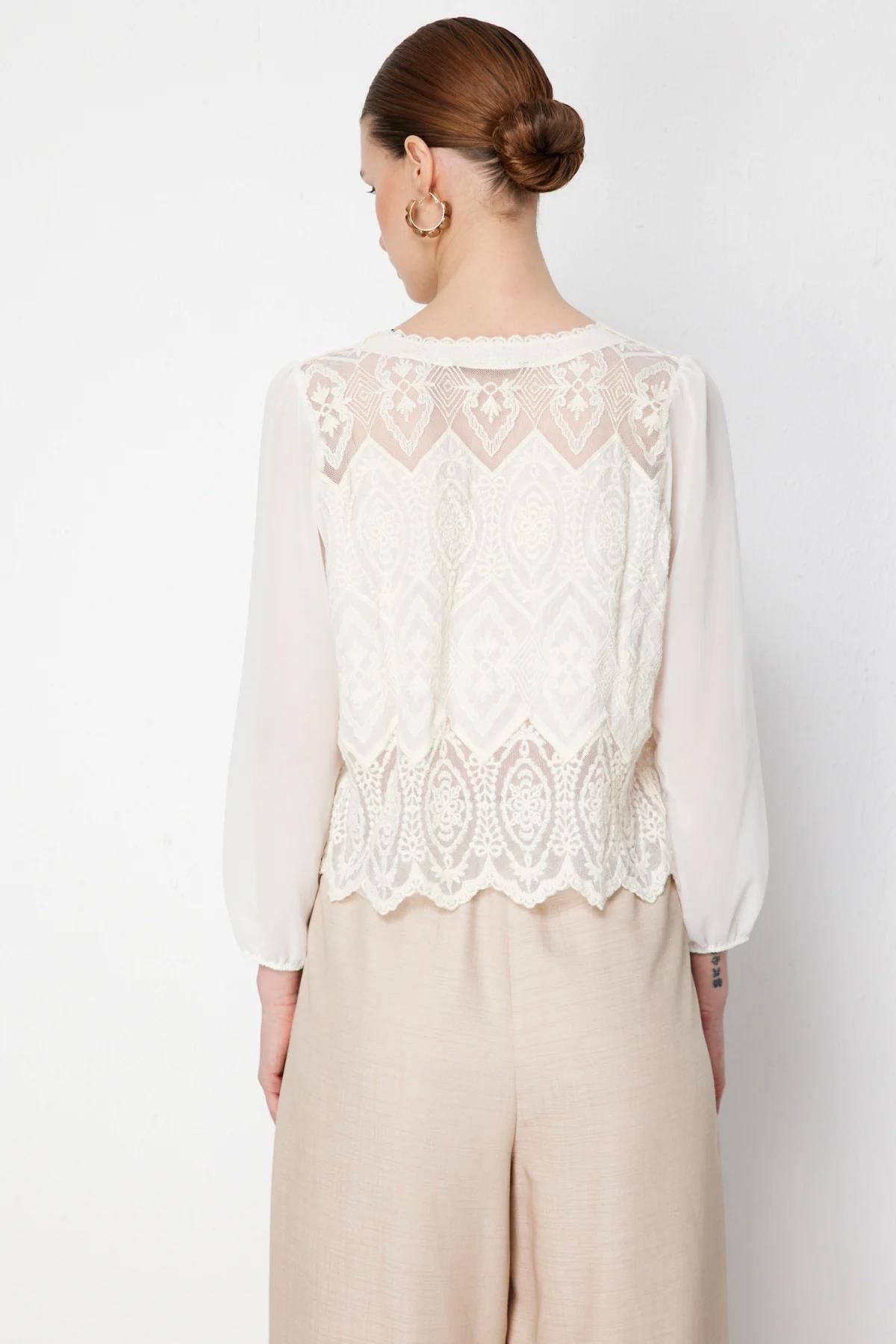 Cotton Cardigan with Tulle Lace Sleeves