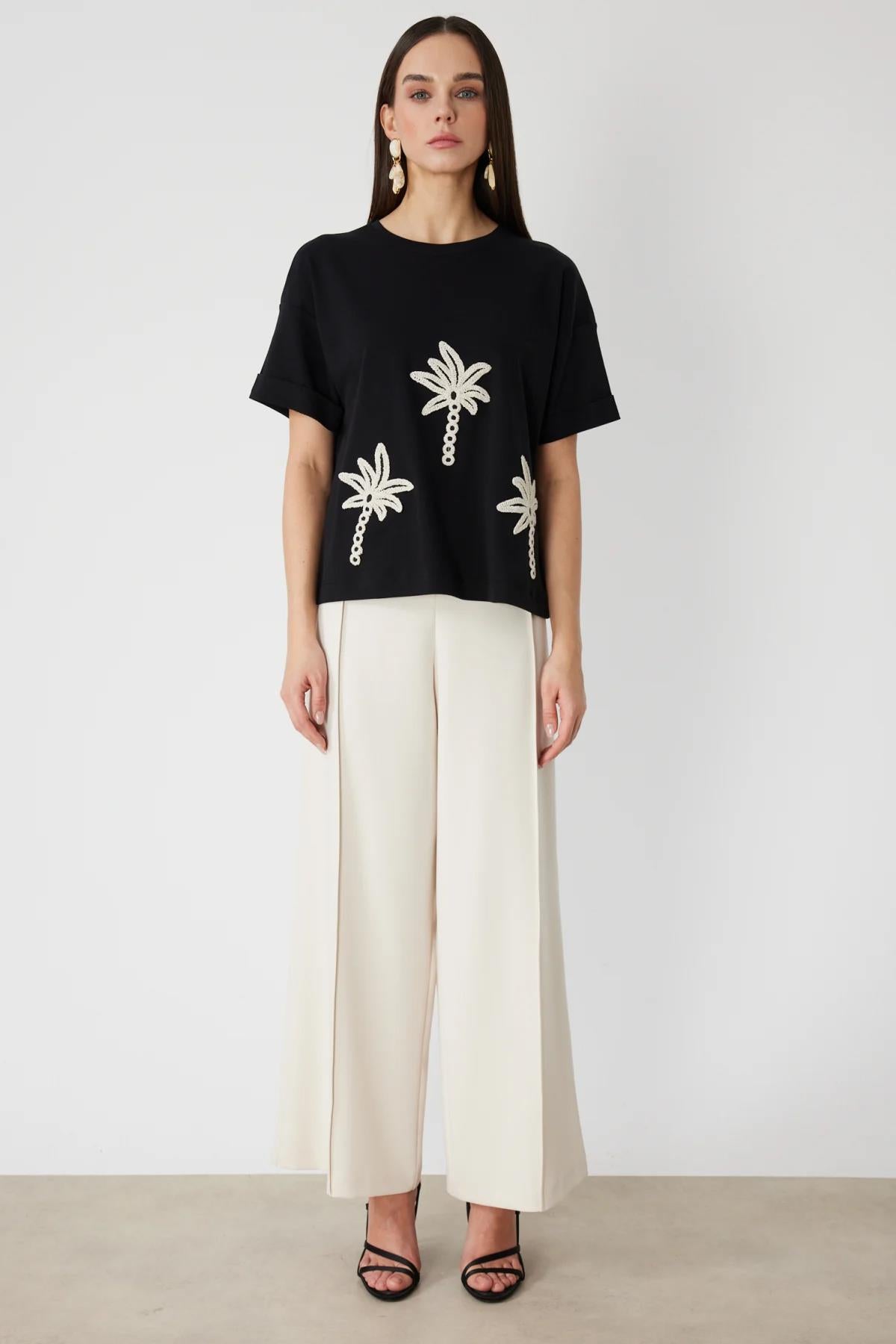 Lace Embroidered Crew Neck Blouse