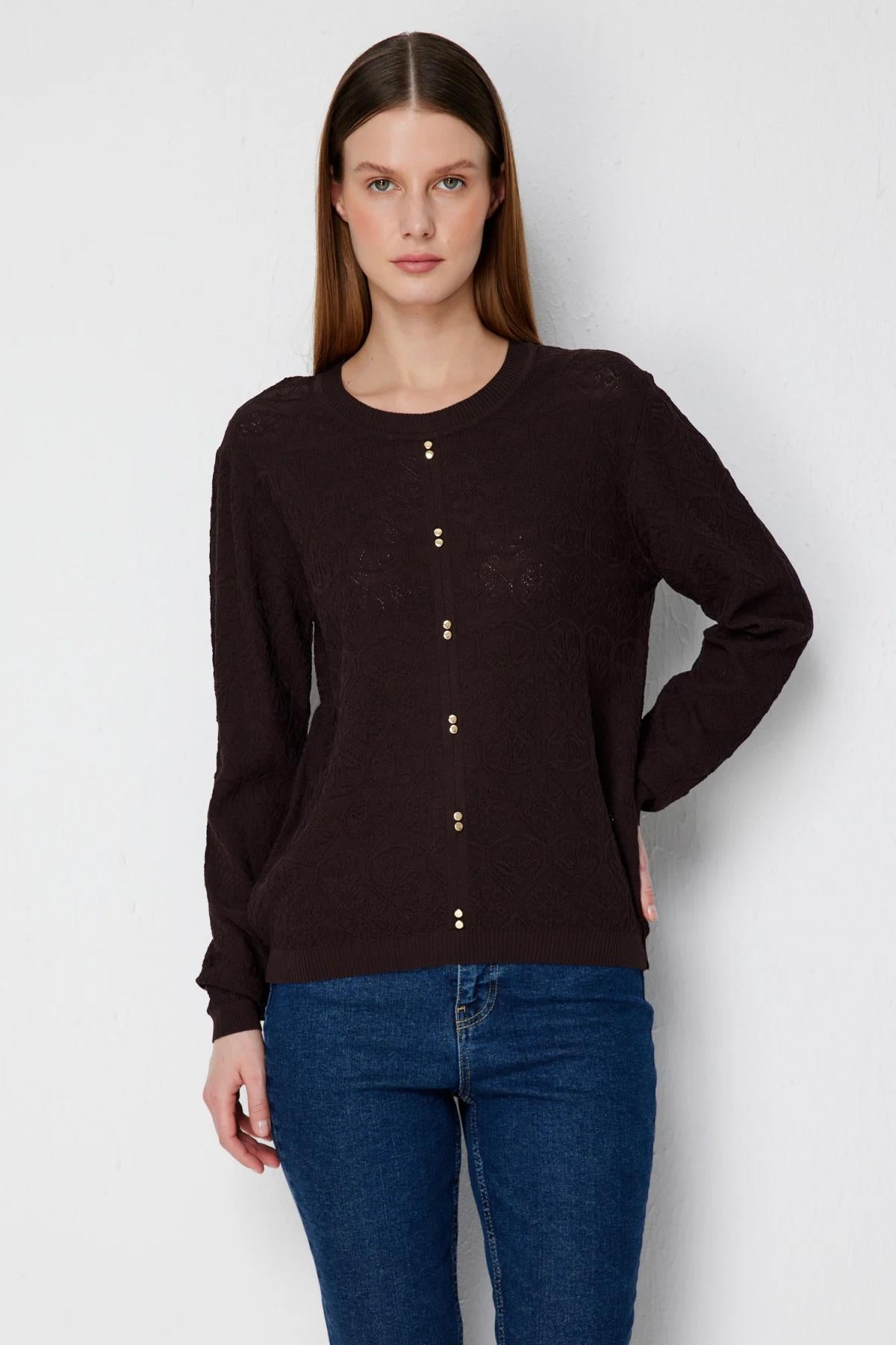 Patterned Decorative Button Crew Neck Blouse