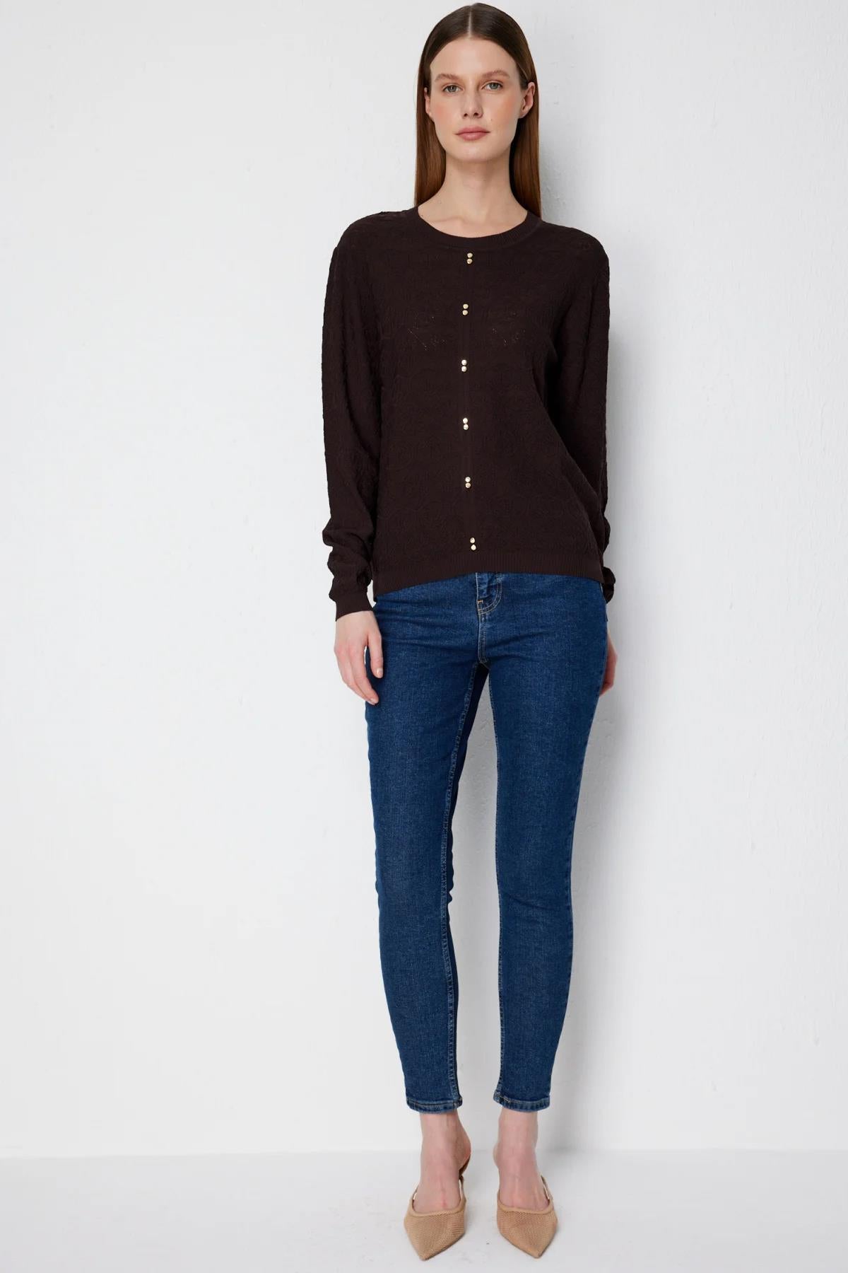 Patterned Decorative Button Crew Neck Blouse