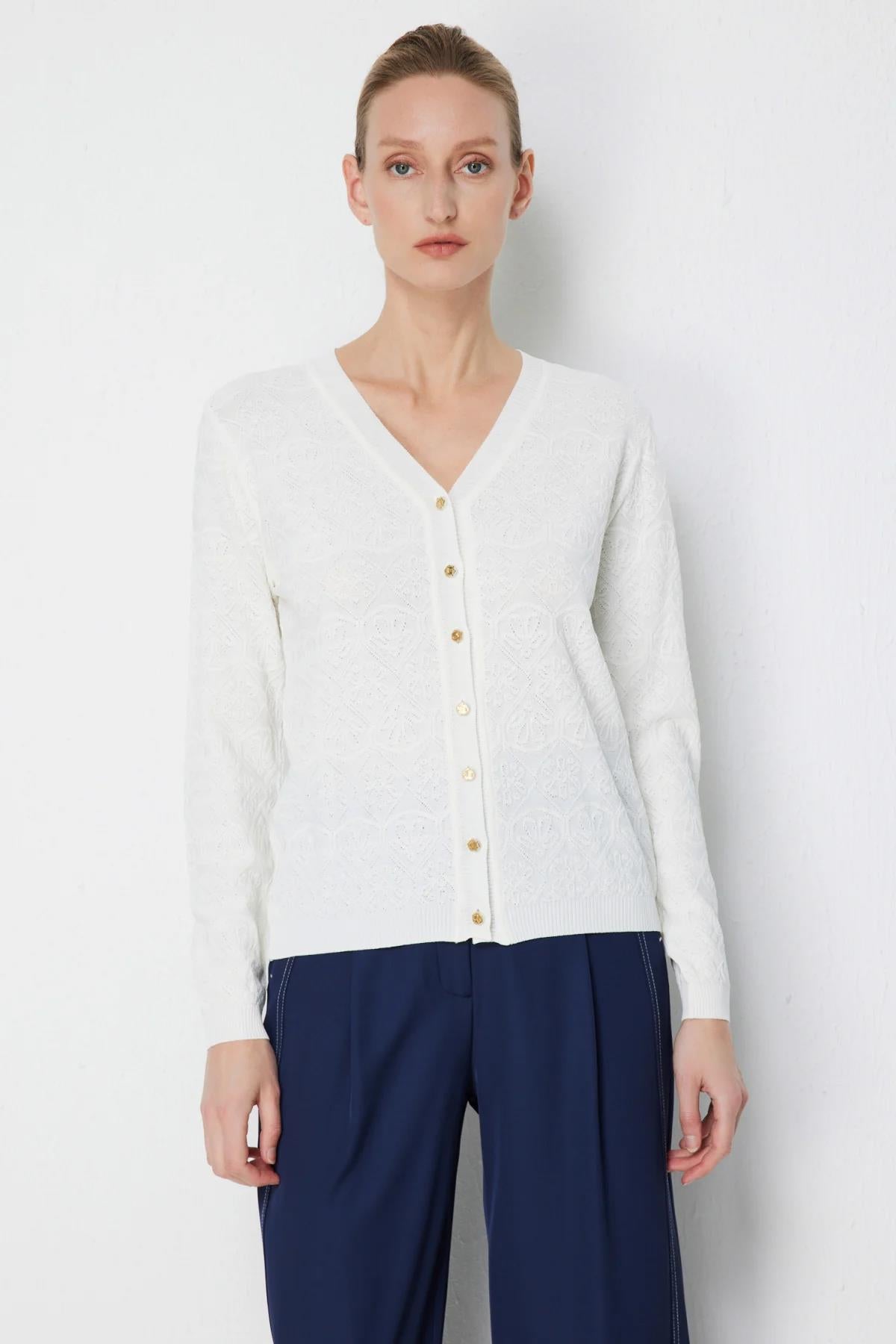 V-Neck Self-Patterned Knit Cardigan