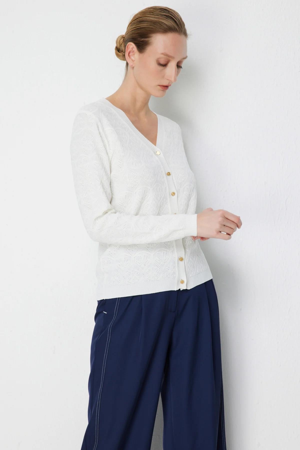 V-Neck Self-Patterned Knit Cardigan