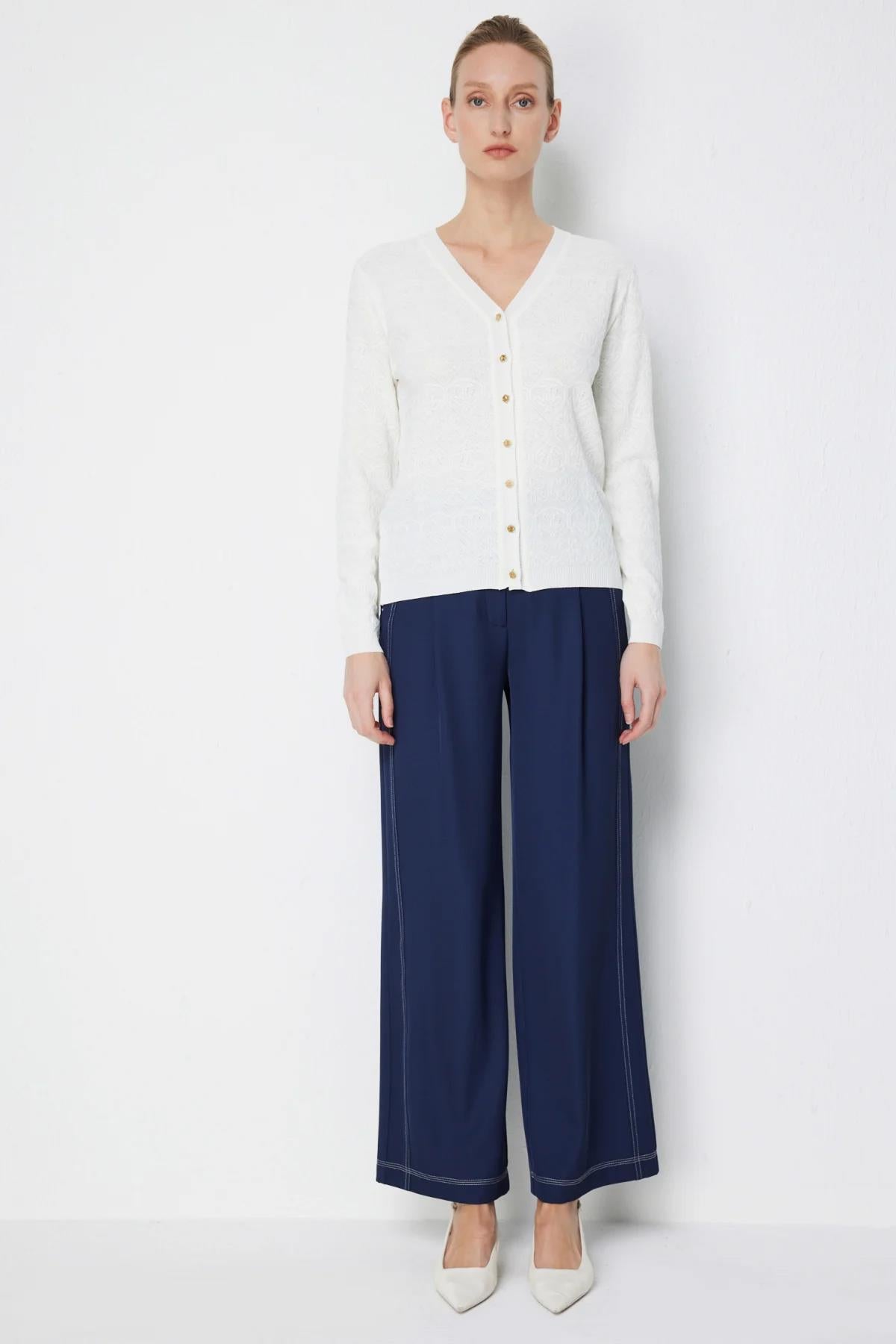 V-Neck Self-Patterned Knit Cardigan