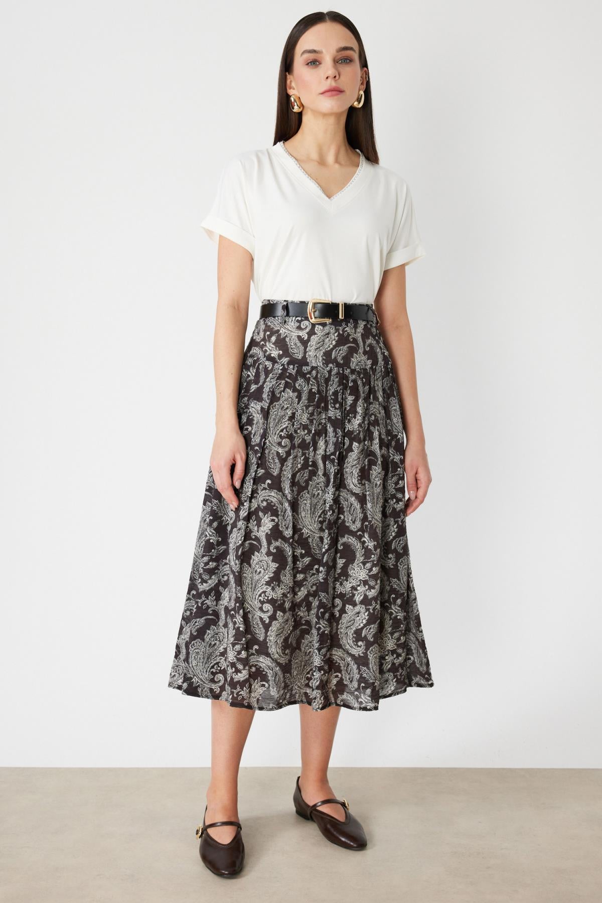 Belted Patterned Midi Skirt