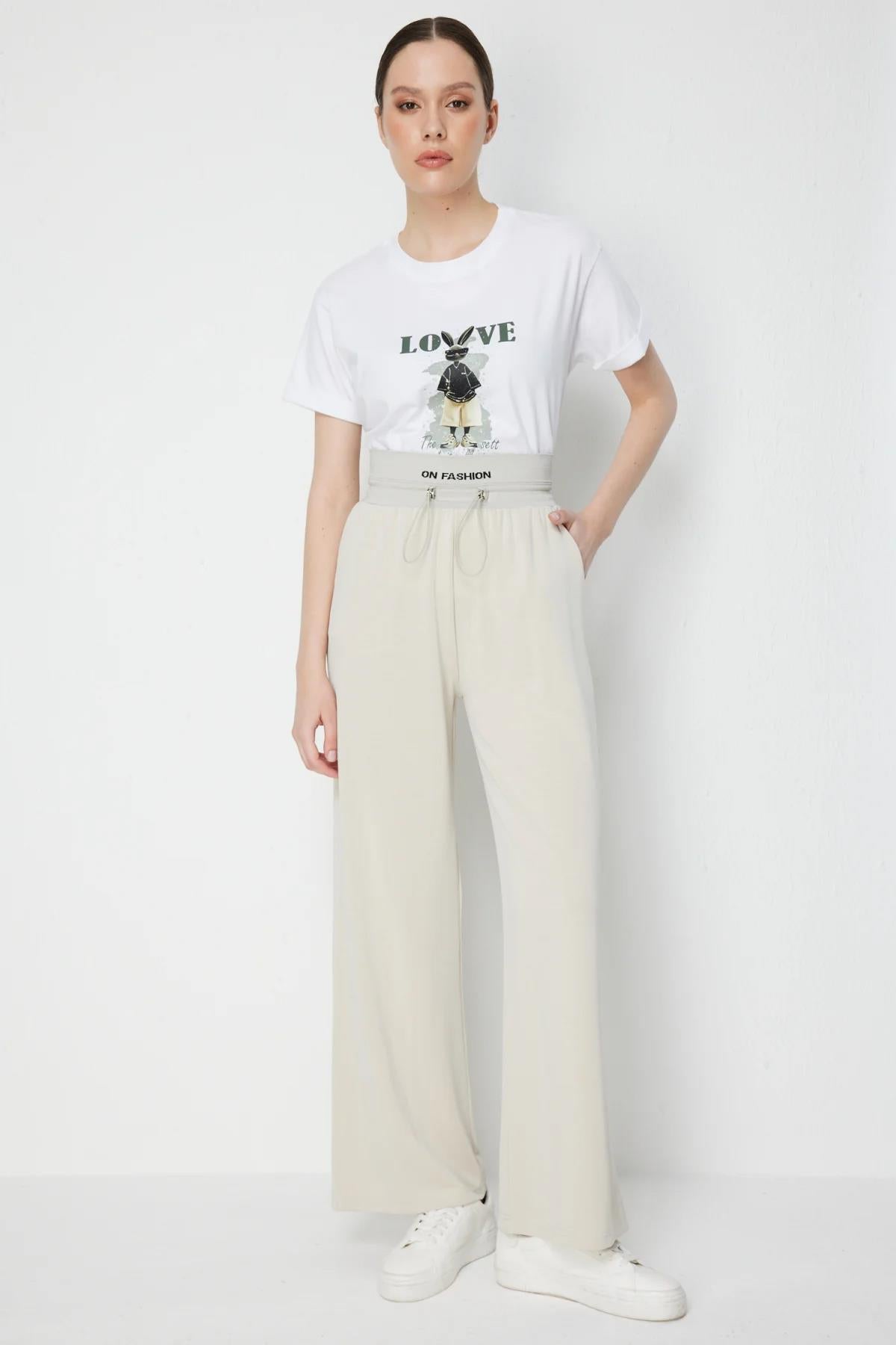 Beli Kalın Lastikli Bol Paça Pantolon