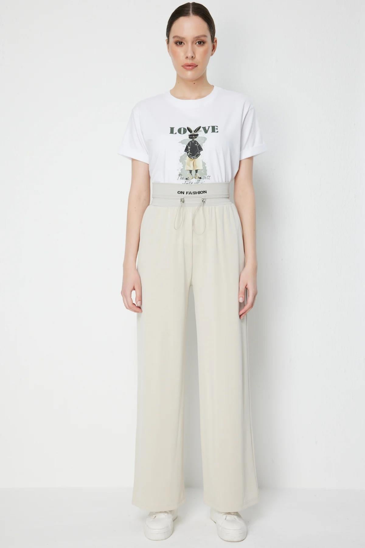 Beli Kalın Lastikli Bol Paça Pantolon