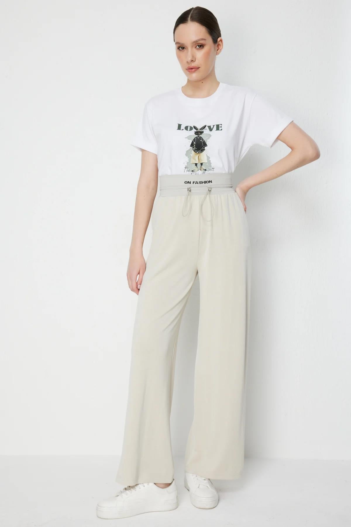 Beli Kalın Lastikli Bol Paça Pantolon