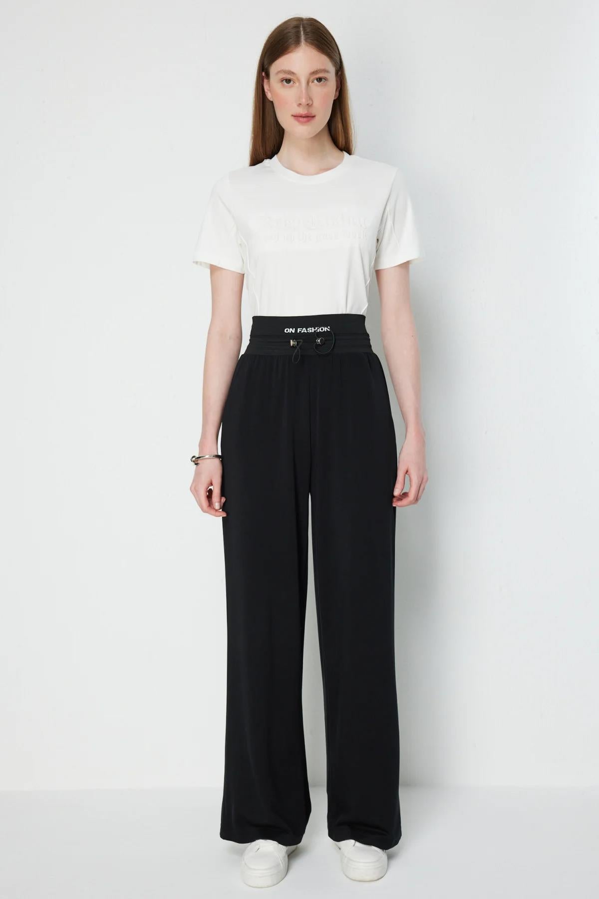 Beli Kalın Lastikli Bol Paça Pantolon