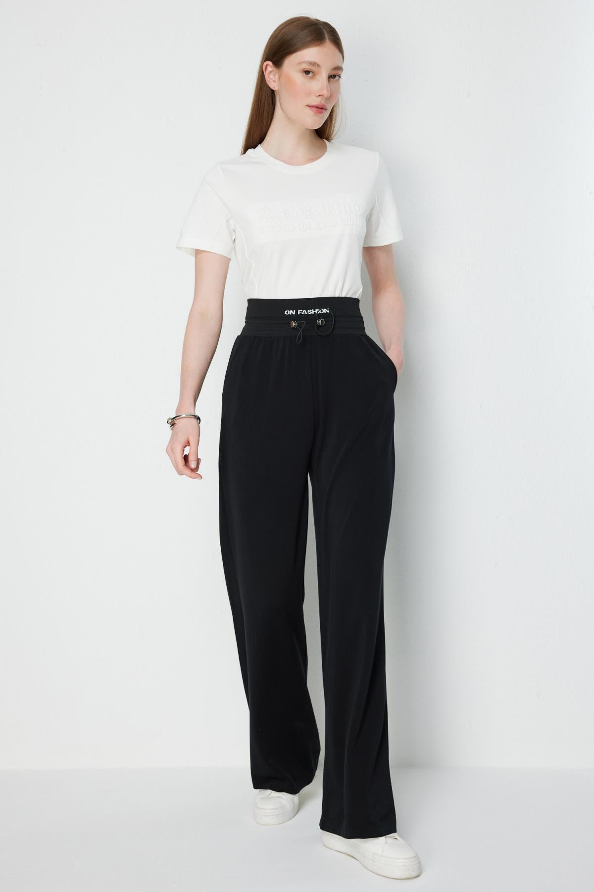 Beli Kalın Lastikli Bol Paça Pantolon