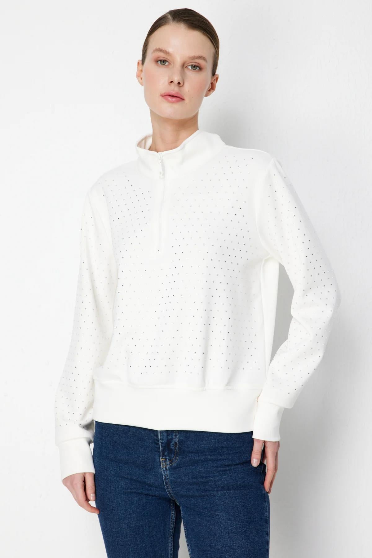 Yakası Fermuarlı Taşlı Eşofman Üstü