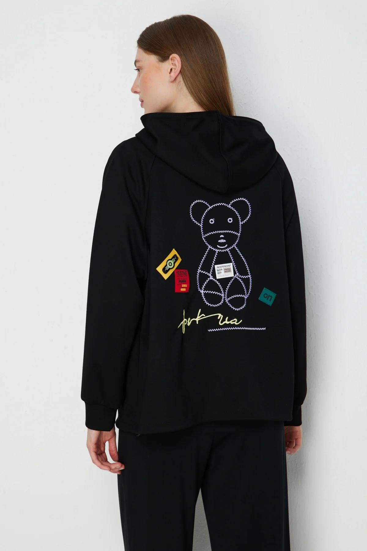 Hooded Cardigan with Bear Print on the Back