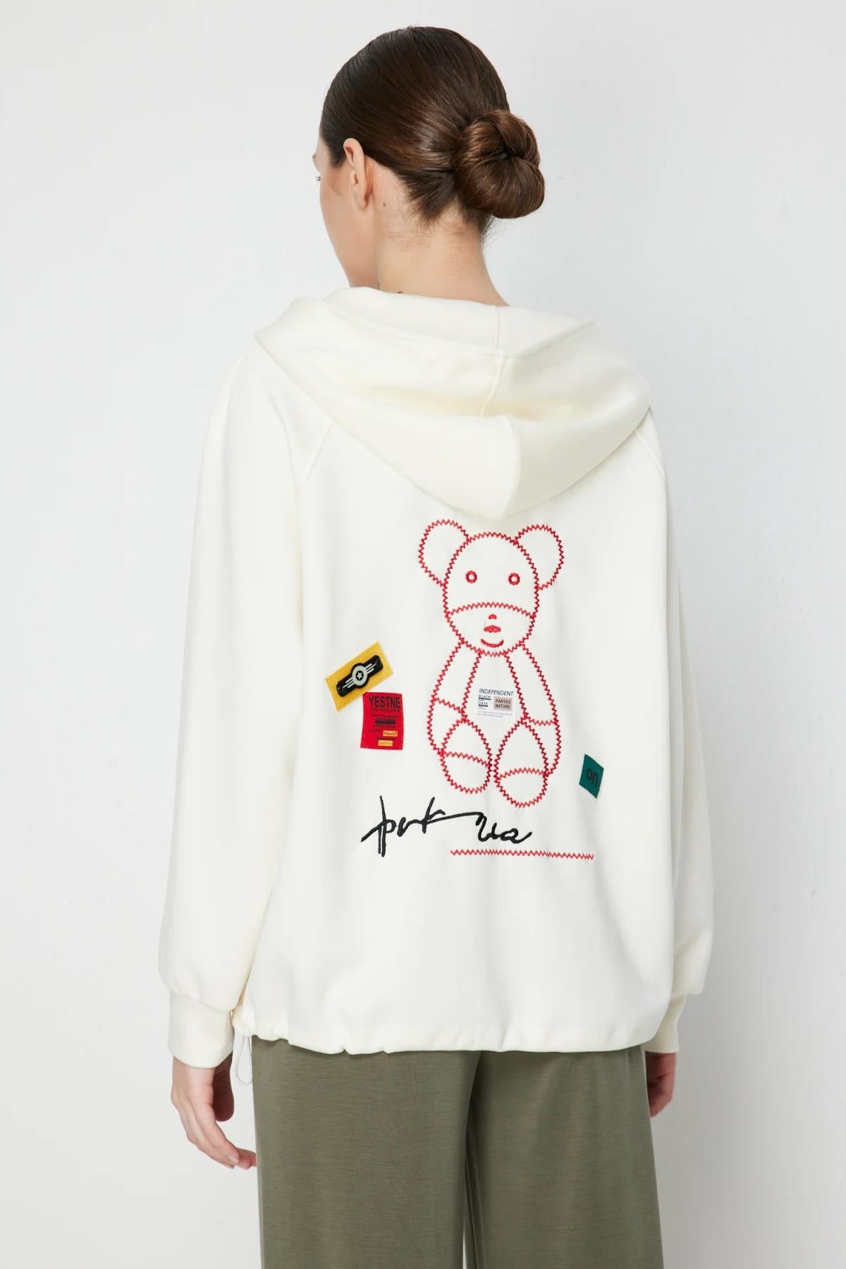 Hooded Cardigan with Bear Print on the Back