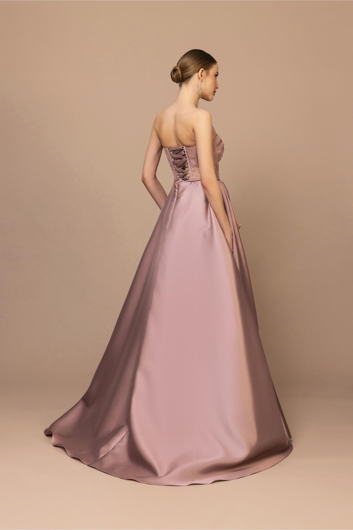 Önü Dantel ve Taş İşlemeli Straplez Tafta Elbise - Eser Giyim