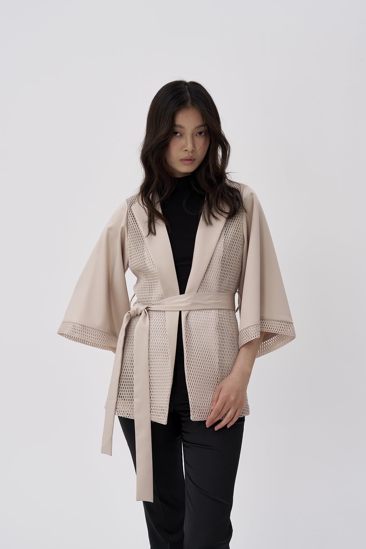 Önü File Detaylı Bel Bağlama Ceket - Eser Giyim