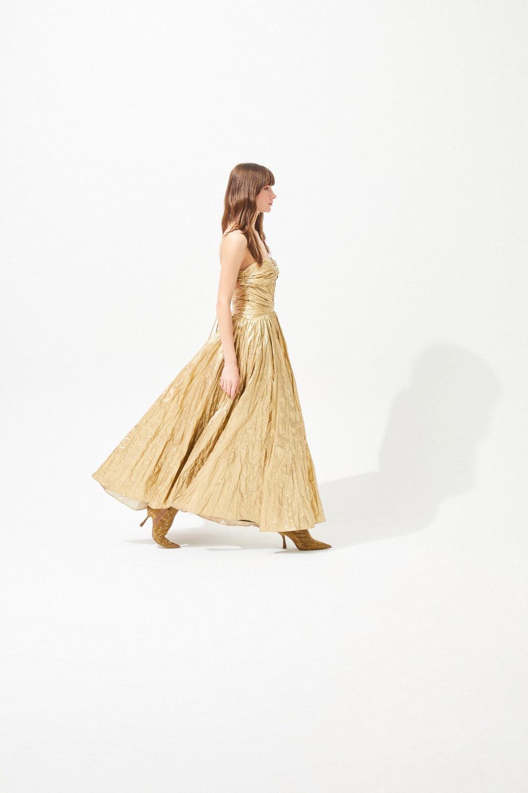 Parlak Büzgülü İp Askılı Pencereli Uzun Elbise - Eser Giyim