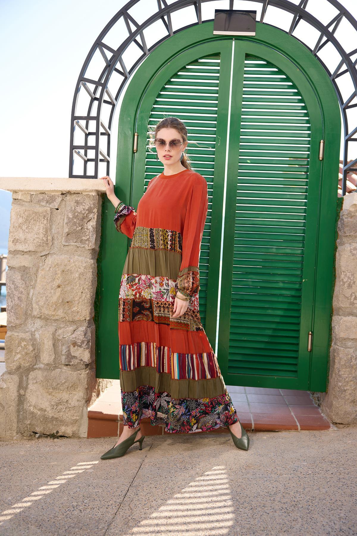 Patchwork İpek Retro Elbise - Eser Giyim