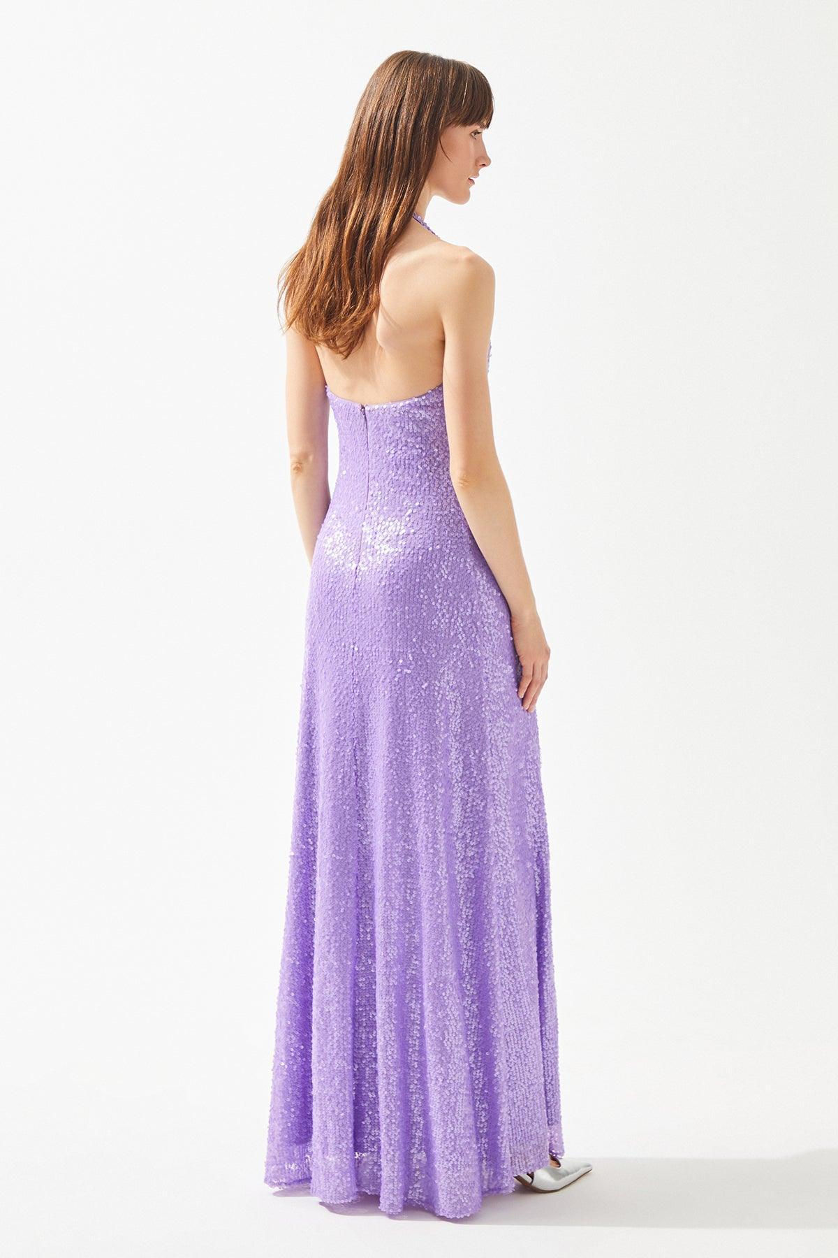 Payetli Derin V Yaka Boyundan Askılı Uzun Elbise - Eser Giyim