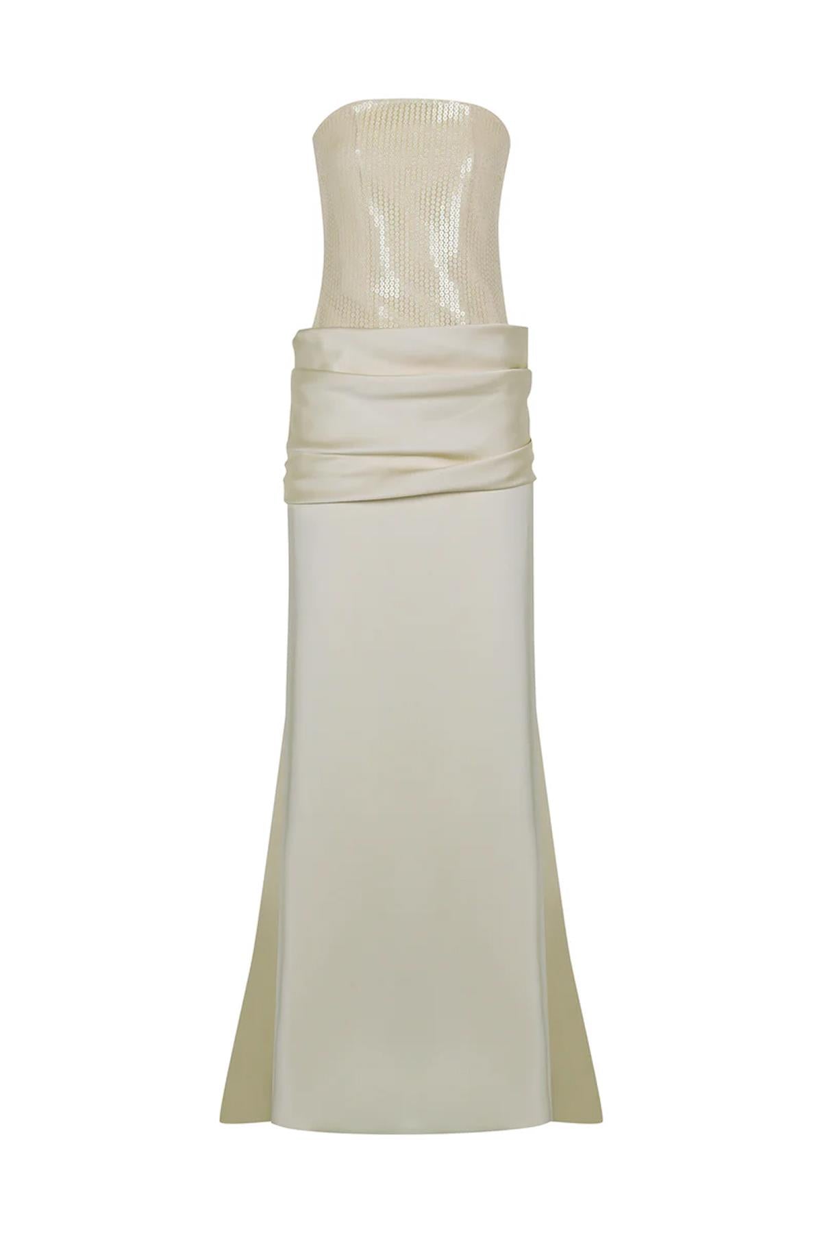 Payetli Saten Straplez Uzun Abiye Elbise