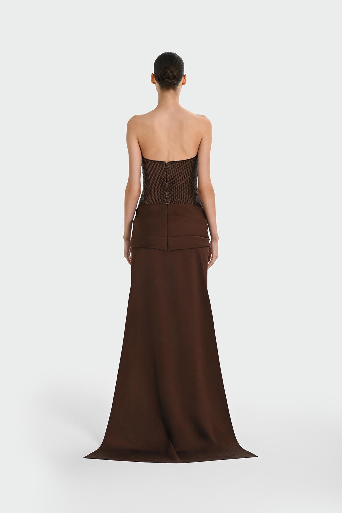 Sequined Satin Strapless Long Evening Dress