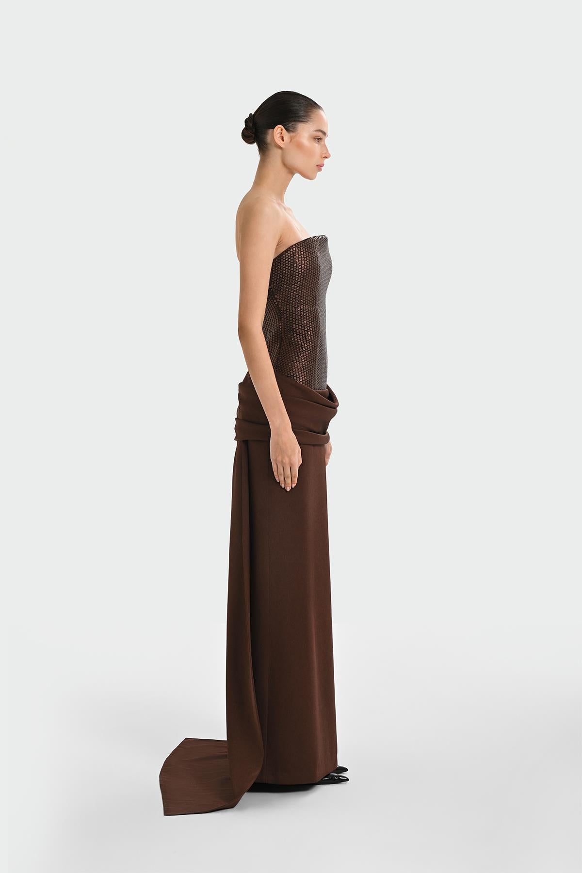 Sequined Satin Strapless Long Evening Dress