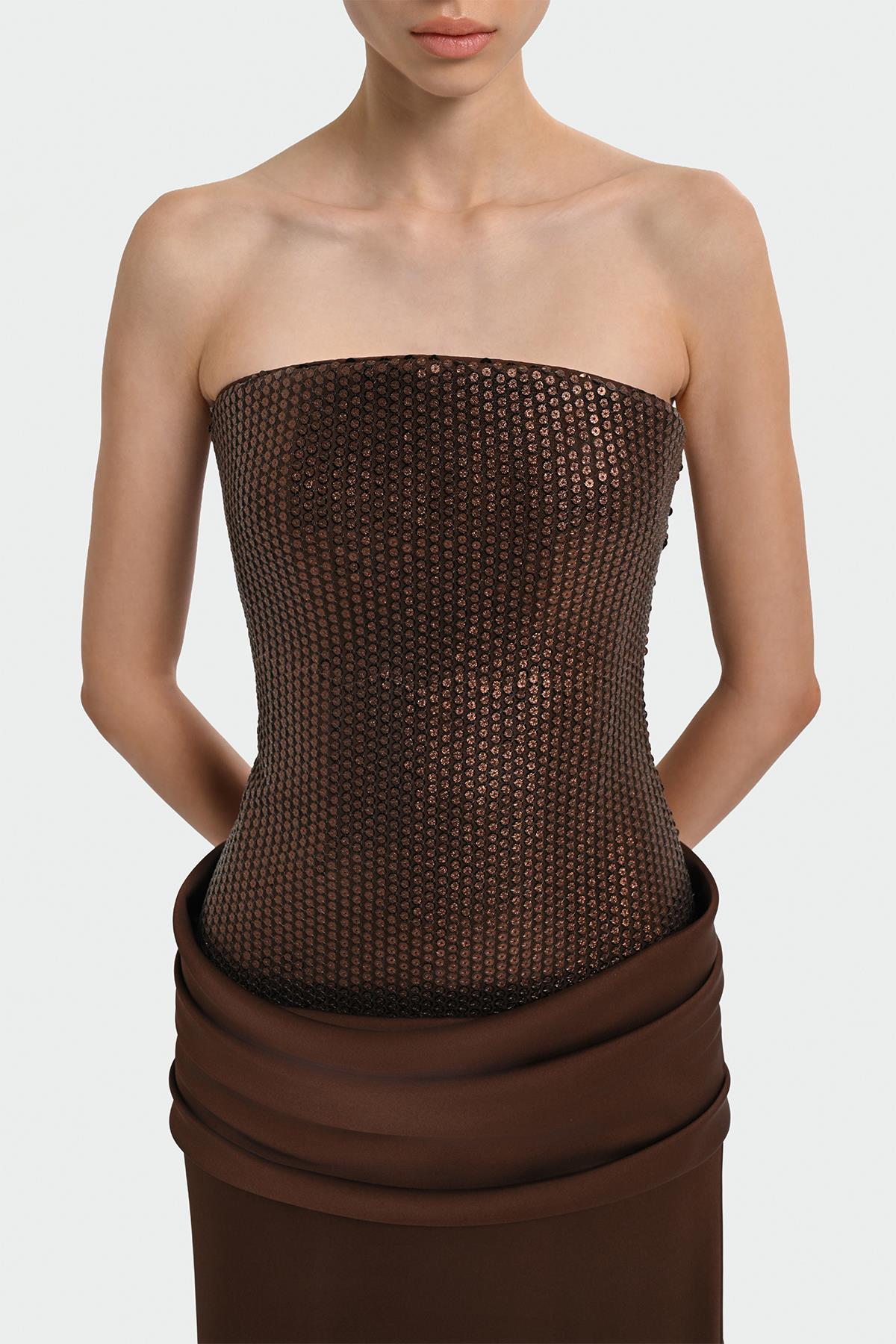 Sequined Satin Strapless Long Evening Dress