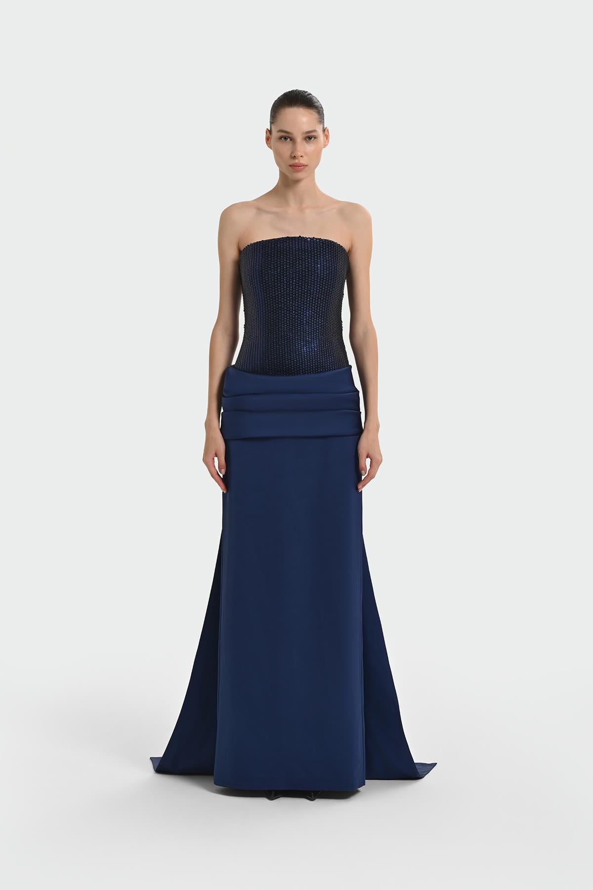 Sequined Satin Strapless Long Evening Dress