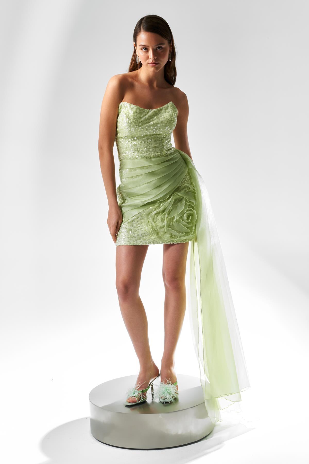 Payetli Uzun Tül Detaylı Mini Boy Elbise - Eser Giyim