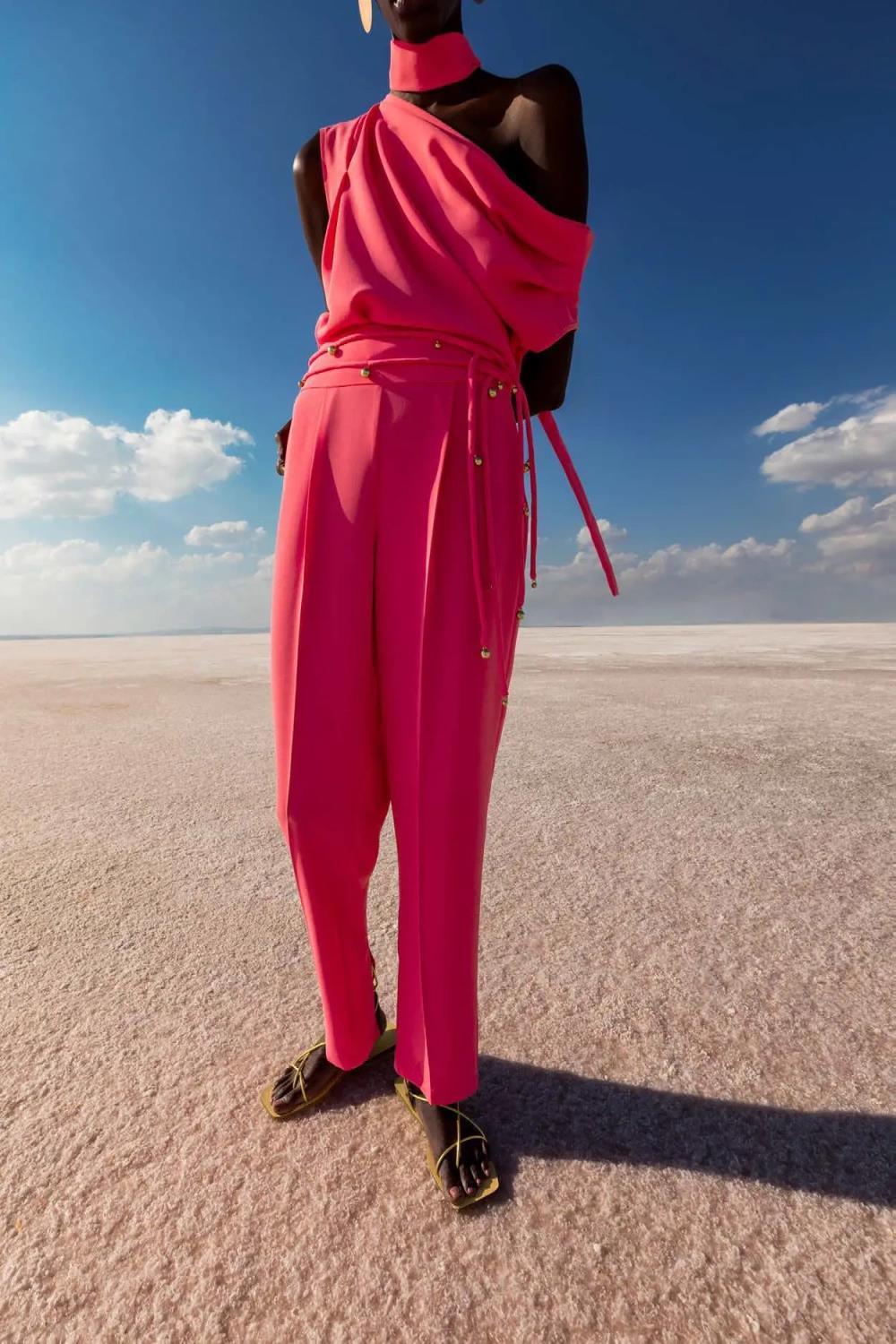 Kameya Pembe Beli Boncuklu Bağcıklı Kadın Pantolon - Eser Giyim