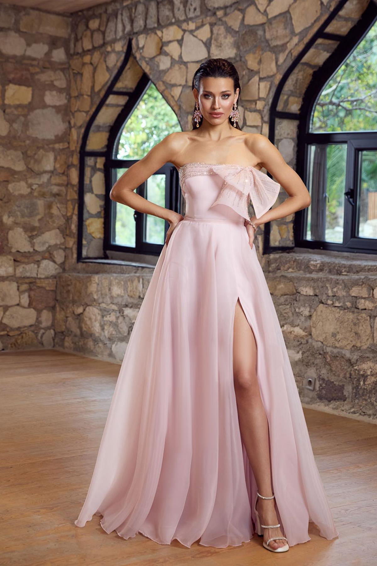 Strapless Long Evening Dress with Bow Detail and Sequin Embellishments