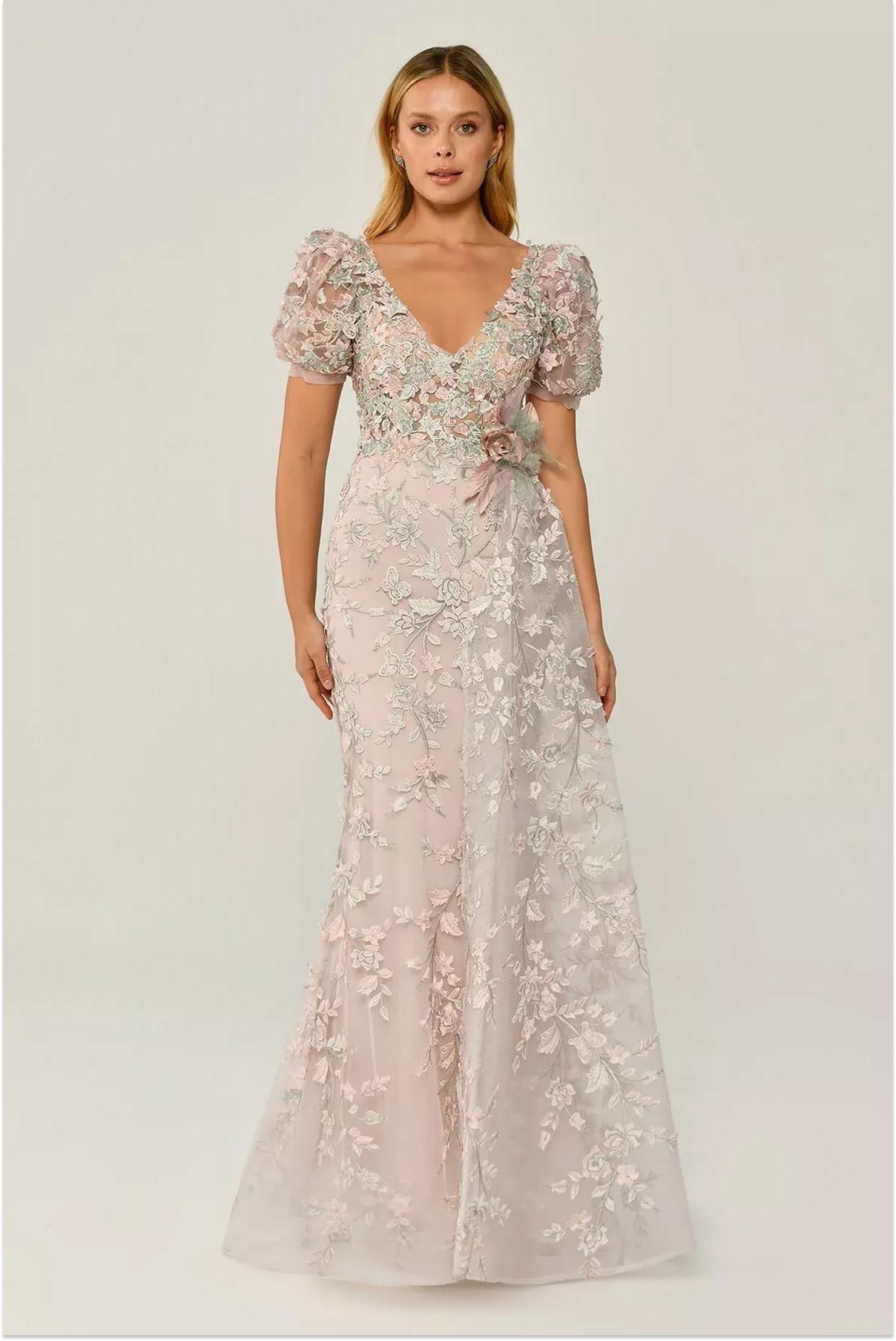 Alfabeta Pudra Karpuz Kollu Güpürlü Uzun Abiye Elbise - Eser Giyim