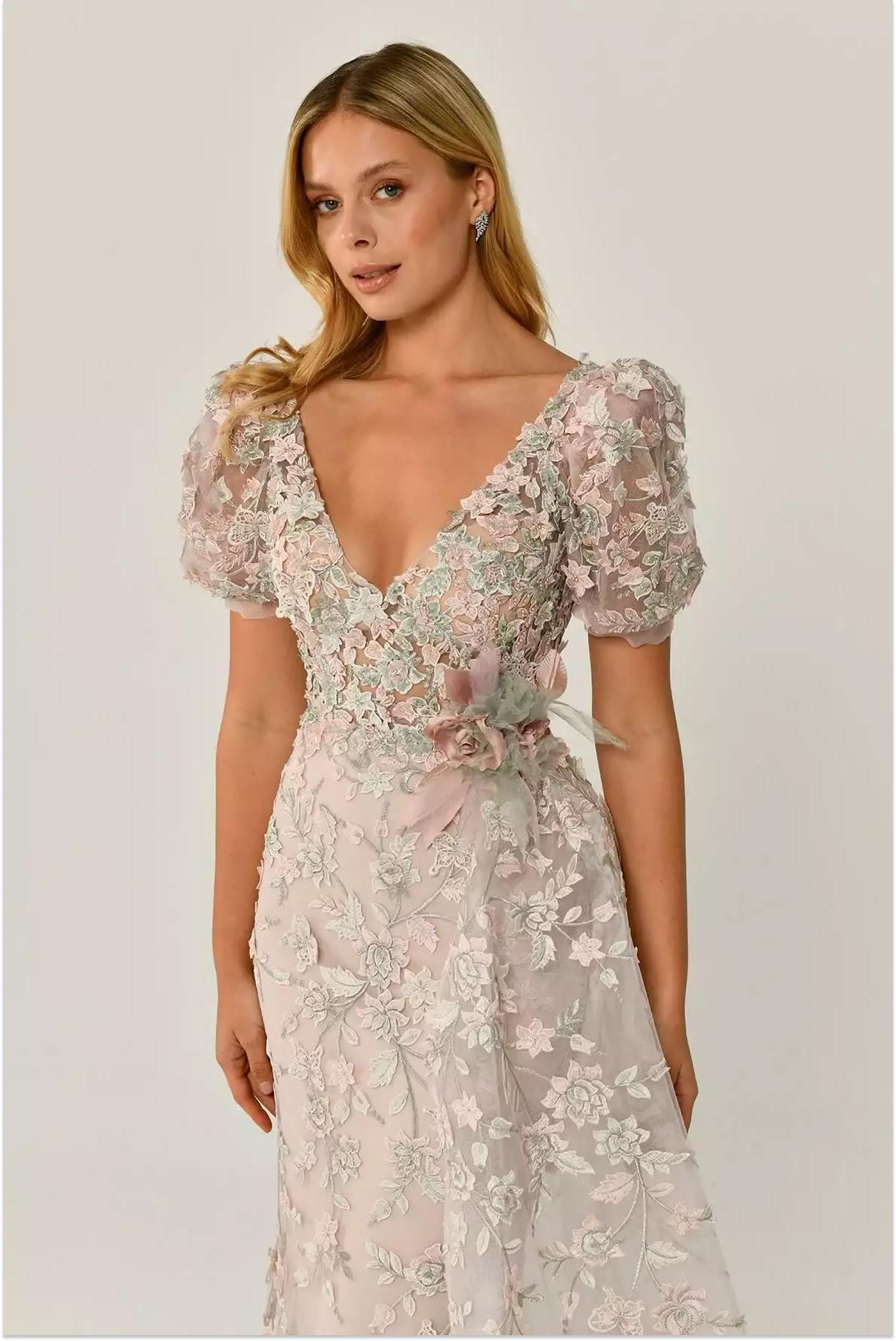 Alfabeta Pudra Karpuz Kollu Güpürlü Uzun Abiye Elbise - Eser Giyim