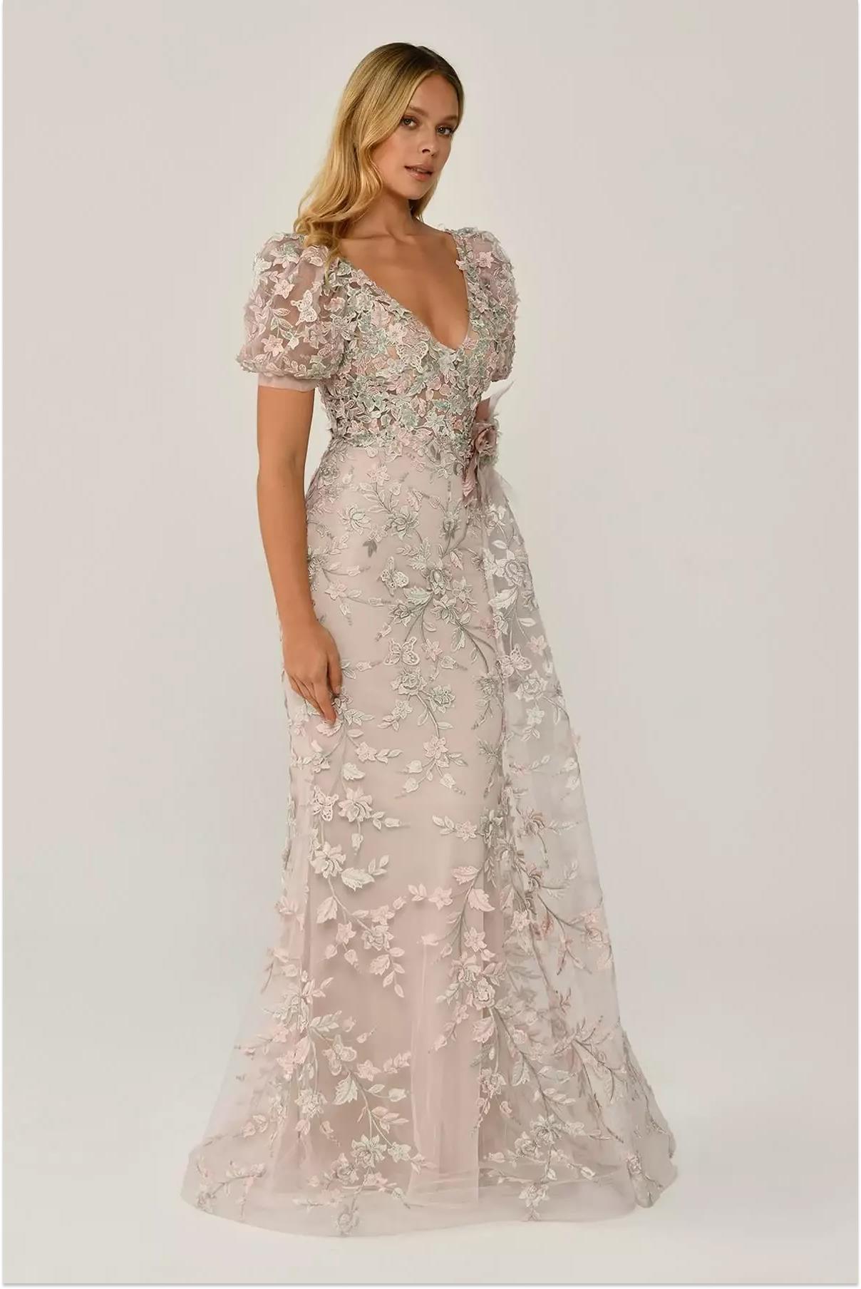 Alfabeta Pudra Karpuz Kollu Güpürlü Uzun Abiye Elbise - Eser Giyim